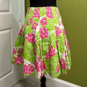 Lilly Pulitzer Pink Green Pleated Fit & Flare Skirt Frogs Lotus Flower S…